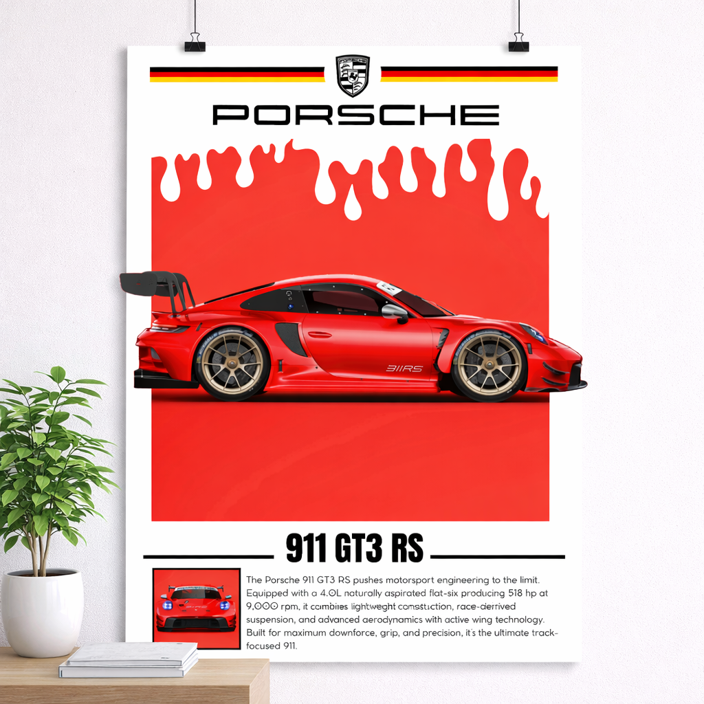 Porsche 911 GT3 RS Velocity Style Poster – Red Performance Edition