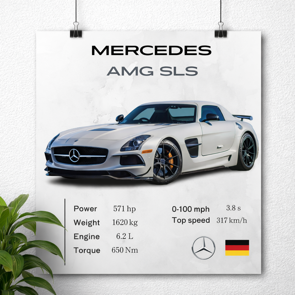 Mercedes AMG SLS Poster – Silver Luxury Supercar